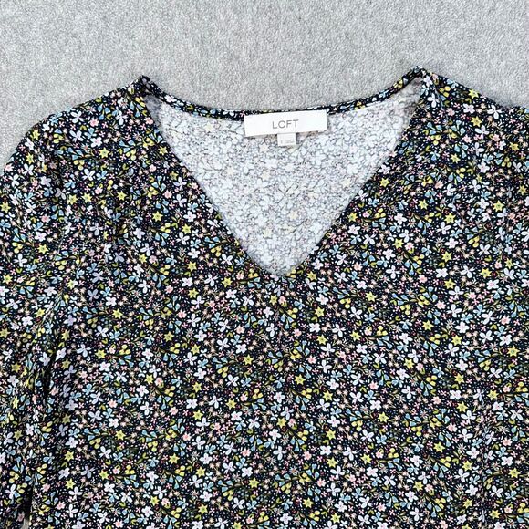 LOFT V-Neck Bell Sleeve Floral Blouse Women's Small Navy Blue Yellow Top - Picture 3 of 7